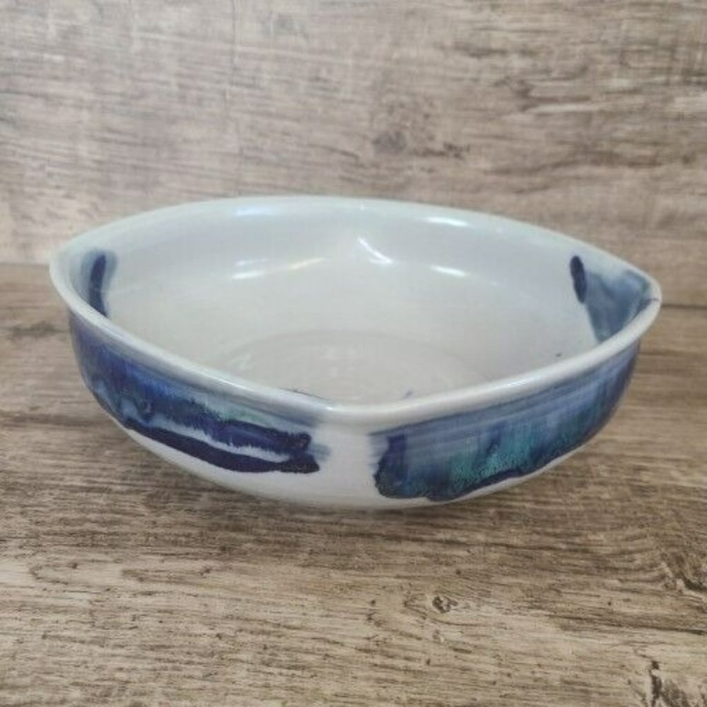 Studio Hand Made Artisan Signed Pottery Rounded Square Bowl Blue Butterfly Glaze - Picture 3 of 12